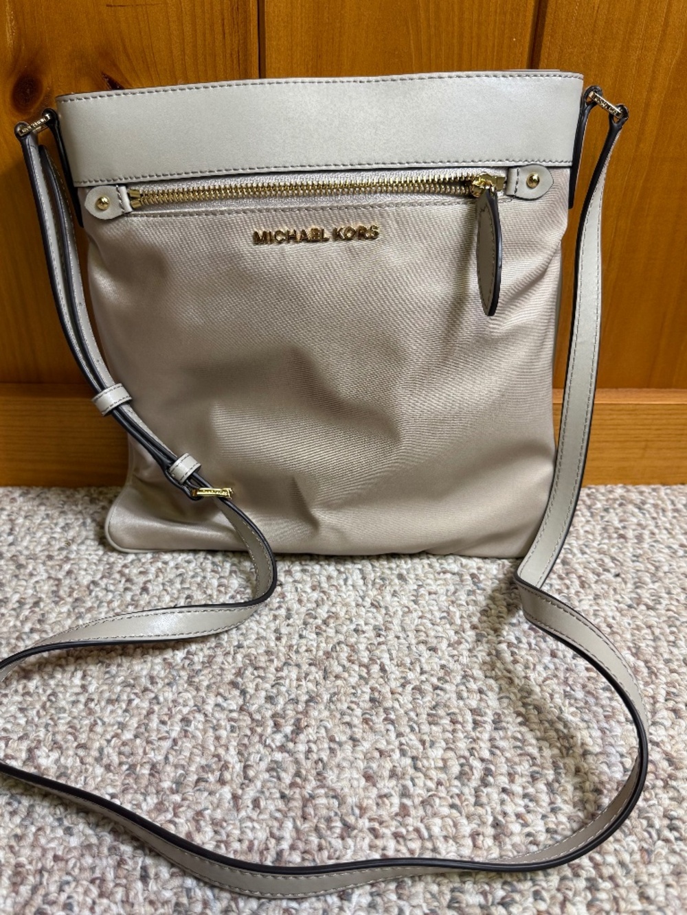 Micheal Kors Beige Nylon Crossbody Bag with Leather Trim & Gold-Tone Hardware